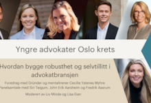bilde av paneldeltakere, tekst: Yngre advokater Oslo krets, linjebrudd, Hvordan bygge robusthet og selvtillit i advokatbransjen