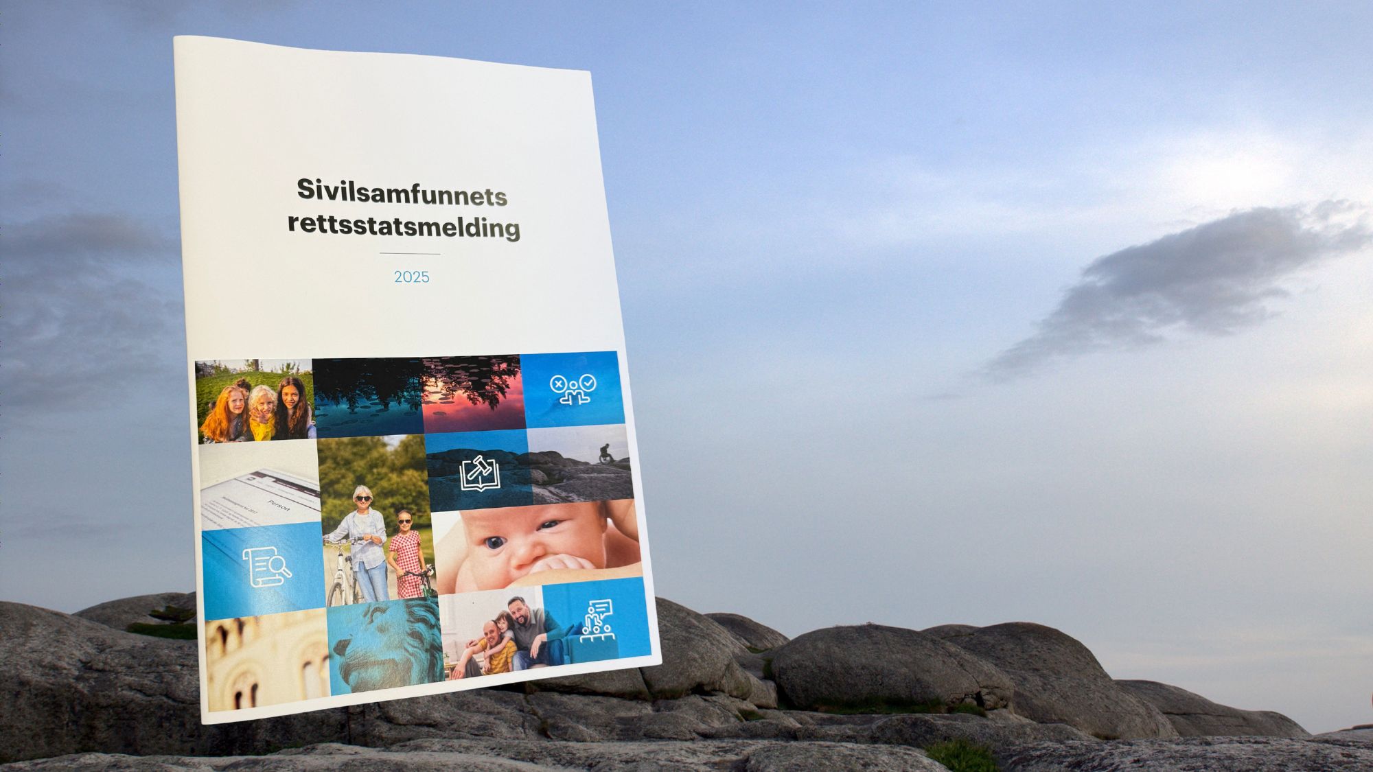 Bilde av forsiden på rettsstatsmeldingen lagt over et utsiktsbilde av svaberg