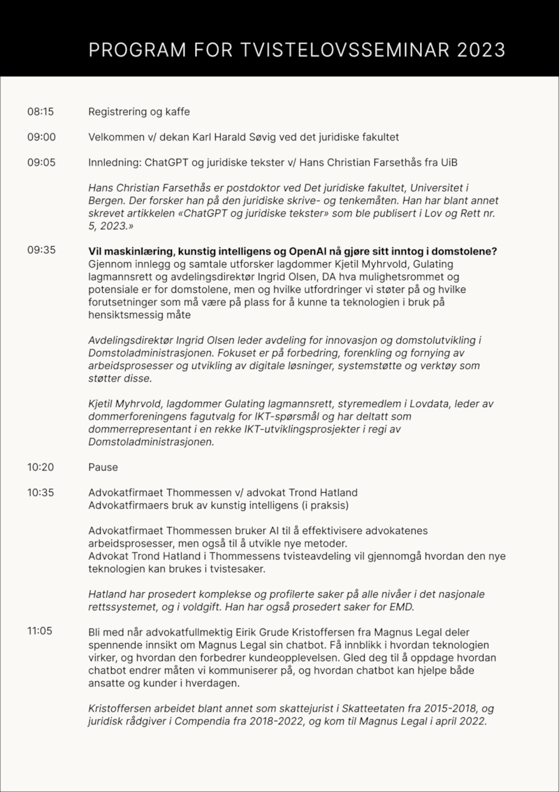 Program for Tvistelovsseminar 10. november 2023. 
